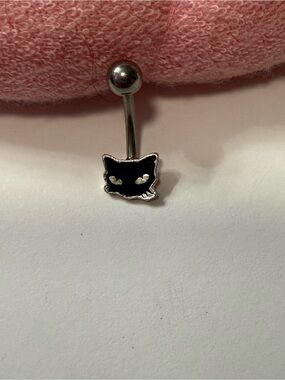 Black Cat Belly Button Ring - Stainless Steel Cat Face Navel Jewelry